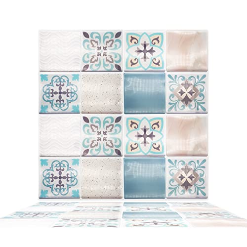 WALPLUS Spanish Retro Mediterranean Crush 12 Sheets Glossy 3D Tile Stickers 15x15cm Wall Splashbacks Vinyl Stick on Tiles Backsplash Peel and Stick Bathroom Kitchen Decor Tile Paint