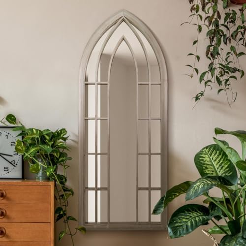 "The Somerley - Rustic Framed Arched Gothic Window Style Leaner Wall Mirror 59"" X 24"" (149CM X 61CM) Stone Colour"