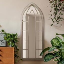 "The Somerley - Rustic Framed Arched Gothic Window Style Leaner Wall Mirror 59"" X 24"" (149CM X 61CM) Stone Colour"