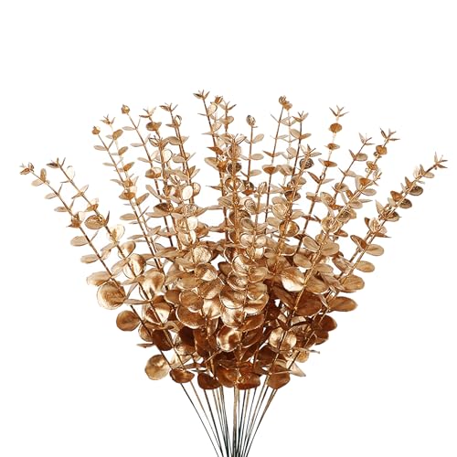 ABAJI Plastic Eucalyptus Golden Stems 12 Fake Faux Decorations Artificial Leaves Greenery Plant Leaf Home Office House Table Desk Decor Wedding Party Vase Forever Live
