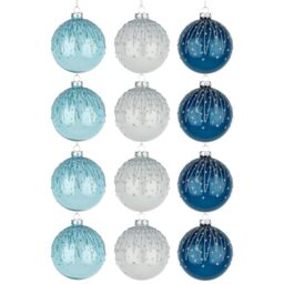 12Pcs/80mm Glass Baubles Christmas Tree Balls Spheres Hanging Ornaments Set Assorted Designs Xmas Tree Decorations, Blue,white