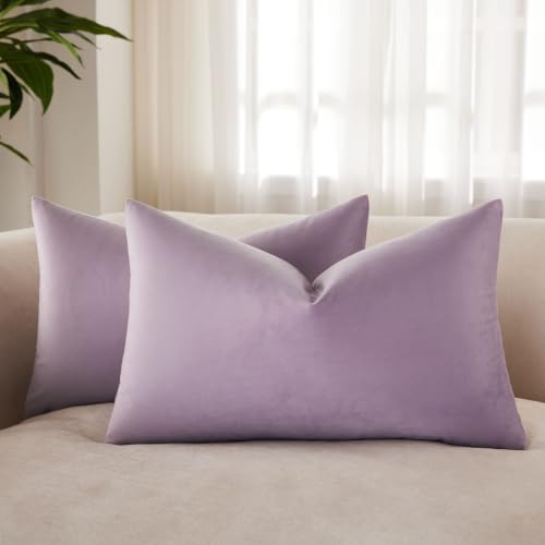 JUSPURBET Lilac Lumbar Velvet Throw Pillow Covers 16x24 inch Set of 2 for Living Room Couch Sofa Bedroom Decorative Solid Cushion Cases with Invisible Zipper