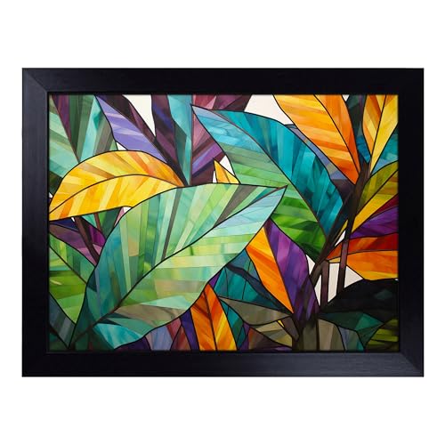 Lap Tray with Bean Bag Cushion, Tropical Leaf Geometric - Handmade in the UK, Raised Wooden Edge, Padded Cushion, Heat-Resistant Wipe-Clean Surface, for Meals, Laptops and Crafts