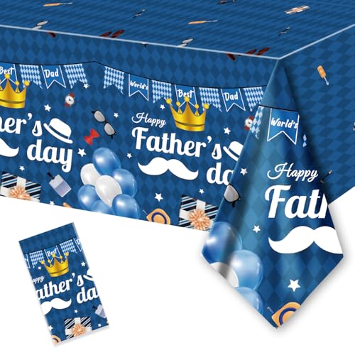 "PARSUP Fathers Day Disposable Tablecloth - 108"" ?? 54"", Happy Fathers Day Table Cloth Best Dad Ever Tablecover Plastic Rectangle Table Cover for Dinner Party Decor (1)"