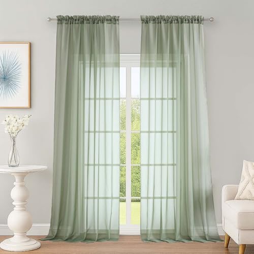 "OWENIE Sage Green Sheer Curtains, Sheer Curtains 96 inches Long 2 Panels Set, Rod Pocket Voile Fimly Sheer Drapes for Living Room/Bedroom, 2pcs, Each 59"" W x 96"" L"