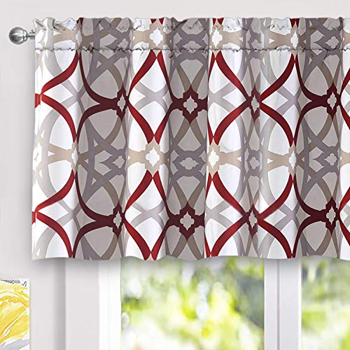 DriftAway Alexander Spiral Geo Trellis Pattern Window Curtain Valance Rod Pocket 52 Inch by 24 Inch Plus 2 Inch Header Red and Gray 1 Pack