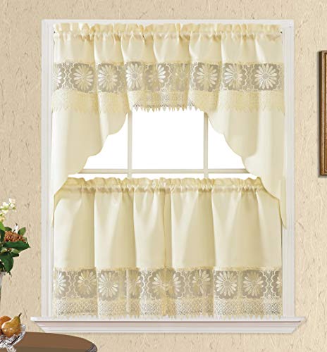 GOHD Daisy Dream. Kitchen Cafe Curtain Set for Small Windows. Satin Fabric with Matching Color Daisy Embroidery and Lace. (Beige, Swag and 24 inches Tiers Set)