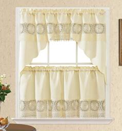 GOHD Daisy Dream. Kitchen Cafe Curtain Set for Small Windows. Satin Fabric with Matching Color Daisy Embroidery and Lace. (Beige, Swag and 24 inches Tiers Set)