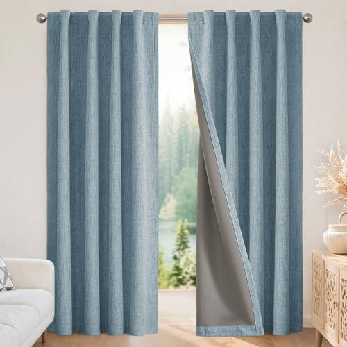 Joydeco 100% Black Out Curtains 72 inch Long 2 Panels Burg Natural Blackout Linen Drapes for Bedroom Living Room Darkening Curtain Thermal Insulated Back tab Rod Pocket(52x72 inch,Sky Blue)