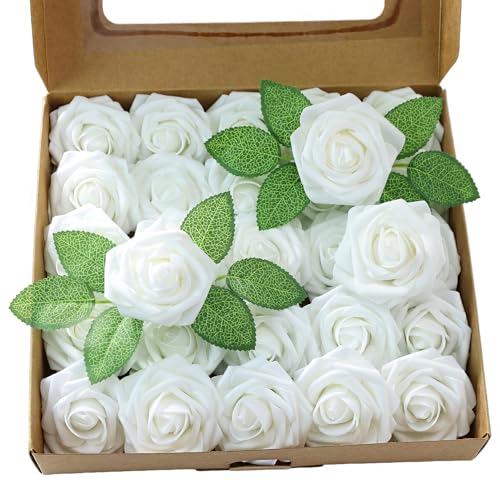 Meldel Fake Flowers 25Pcs White Foam Roses with Stem DIY Wedding Bouquet - Real Looking Artificial Wedding Flowers, Classic Centerpiece, Table Decor, Floral Arrangments, Bridal Shower, DIY Bouquet
