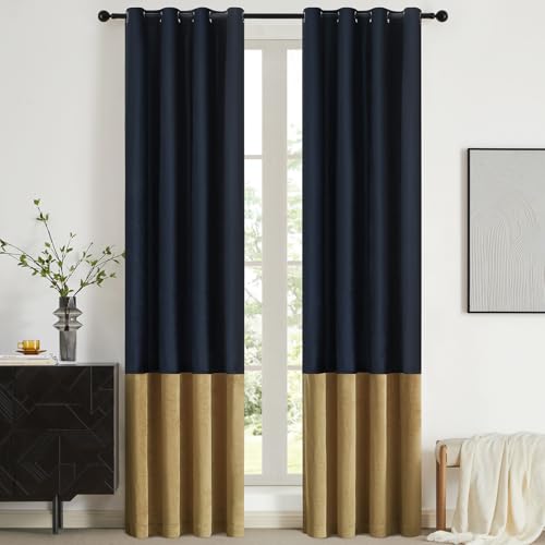 BULBUL Color Block Window Curtains Panels 108 inches Long Navy Blue Gold Velvet Farmhouse Drapes for Bedroom Living Room Darkening Treatment with Grommet Set of 2