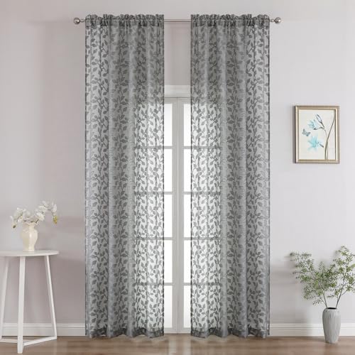 "Chyhomenyc Charcoal Grey Sheer Curtains 96 Inch Length 2 Panels Set, Light Filtering Tufted Textured Soft Airy Rod Pocket Gentle Leaf Window Treatment Drapes for Bedroom Living Room, 42"" Wx96 L, 2PCS"