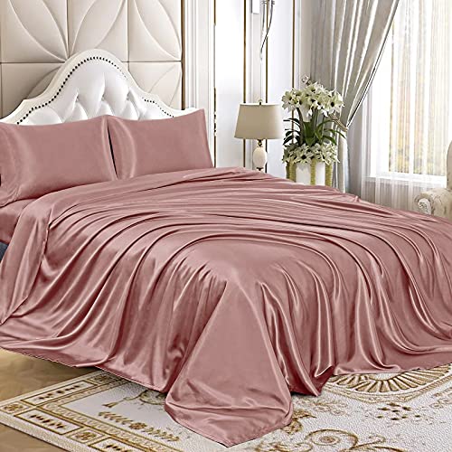 Homiest 4pcs Satin Sheets Set Luxury Silky Satin Bedding Set with Deep Pocket, 1 Fitted Sheet + 1 Flat Sheet + 2 Pillowcases (King Size, Rich Pink)