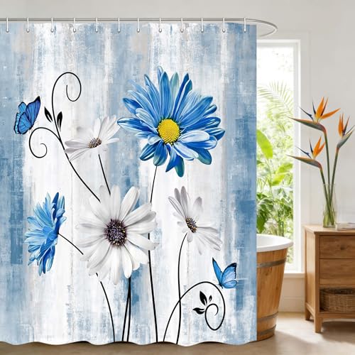 JAWO Farmhouse Floral Shower Curtain, Farm Rustic Farmhouse and Butterfly on Country Wooden Shower Curtain, Blue Daisy Floral Shower Curtain with Hooks, 70X70 Inches