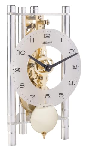 Hermle Skeleton Table Clock with Anodised Aluminium Columns - Triangle 23022-X40721, Arabic Dial Glass, Silver, Brass Movement, 19.5 cm x 11 cm x 9 cm