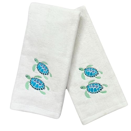Serafina Home Summer Soft Absorbent Guest Sea Turtle Hand Towels: Bright Aqua Blue Turquoise Embroidery Design, 2 Piece (Sea Turtles)