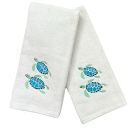 Serafina Home Summer Soft Absorbent Guest Sea Turtle Hand Towels: Bright Aqua Blue Turquoise Embroidery Design, 2 Piece (Sea Turtles)