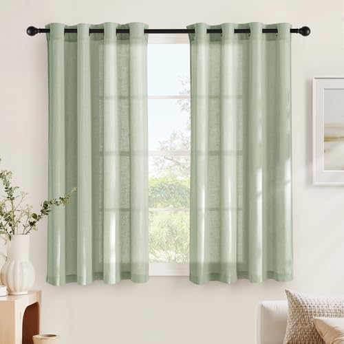 NICETOWN Linen Curtains for Small Windows, Semi-Transparent Curtains with Eyelets, Set of 2, H 160 x W 140 cm, Grey Green, Linen Curtains for Bedroom, Short Curtains, Kitchen, Linen Look Curtain, Boho