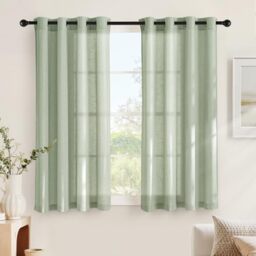 NICETOWN Linen Curtains for Small Windows, Semi-Transparent Curtains with Eyelets, Set of 2, H 160 x W 140 cm, Grey Green, Linen Curtains for Bedroom, Short Curtains, Kitchen, Linen Look Curtain, Boho