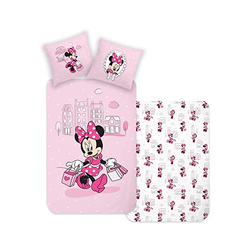 Disney Home Minnie Children's Reversible Bed Linen Set, 135 x 200 cm, Pillowcase 80 x 80 cm, Super Soft Renforcé 100% Cotton, 2-Piece Minnie Bed Linen, Soft and Comfortable on the Skin, Minnie, Pink
