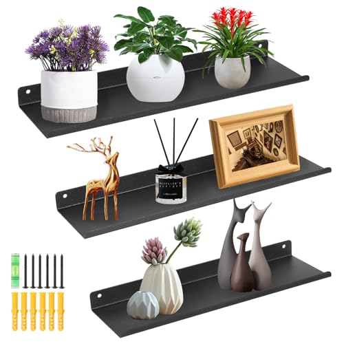 Uten Floating Shelves, Rustic Iron Wall Shelves Set of 3, Decorative Photo Book Display Shelves for Bedroom, Living Room, Kitchen, Bathroom and Office, Black with Silver Stars
