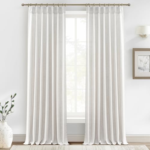 Linen Sheer Curtains 108 Inches Long 2 Panels, Natural Beige White Floor to Ceiling Double Pinch Pleated&Back Tab Boho Light Filtering Semi 9FT for Large Window Office/Living Room/Bedroom Aesthetic