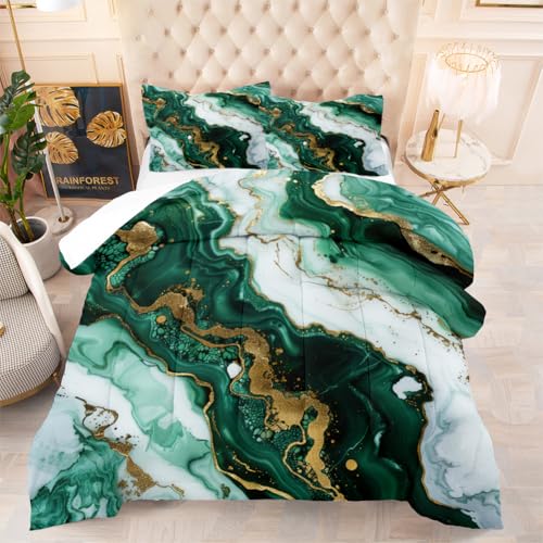 CCoutueChen Emerald Green Marble Comforter Set King Size Green and White Marbling Bedding Set for Women Men Gold Glitter Abstract Art Bedding Comforter Set Soft Down Alternative Comforter Sets