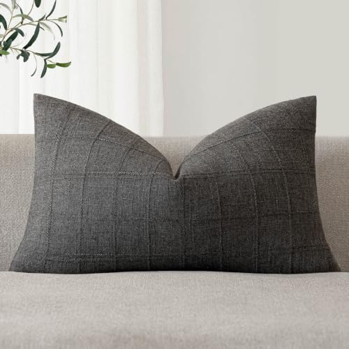 Foindtower Set of 1 Decorative Linen Check Throw Pillow Cover Neutral Farmhouse Lumbar Cushion Cover Modern Boho Home Decor for Sofa Chair Couch Bedroom Living Room,12??20 Inch,Charcoal