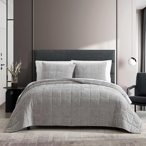 Vera Wang - King Quilt Set, Super Soft Bedding Set with Matching Shams, Modern Room Essentials (Chenille Box Solid Silver Grey, King)