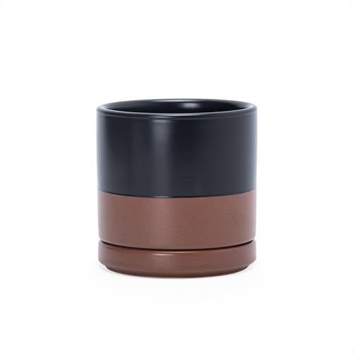 D'vine Dev 3.5 Inch Ceramic Planter Pot, Black/Tan, 94-O-A-7 - Modern Cylinder Design, Drainage Hole & Saucer Included, Stable Structure, Elegant Home Accent