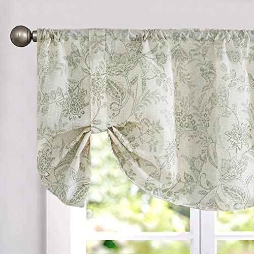 Lazzzy Green Floral Tie Up Valance Curtain Linen Farmhouse Valance for Kitchen Living Room Bathroom Bedroom Country Valances Window Treatments Cafe Curtian 18 Inch Rod Pocket 1 Panel, Green on Beige