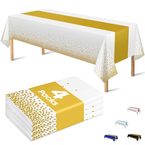 "OHOME 4 Pack Disposable Plastic Table Cloths for Parties,White and Gold Rectangle Table Covers for Fall Wedding Bridal Shower Birthday - Baptism Christmas Friendsgiving Party Decorations 54"" x 108"""
