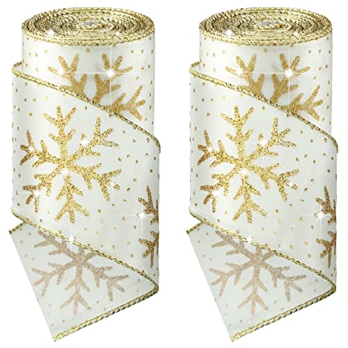 Xinnun Christmas Snowflake Wired Ribbon 2 Rolls, 12 Yard, White, Gold - 2.5 Inches Satin Glittered Snowflake Wired Edge Christmas Ribbon for Tree Gift Wrapping Home Decorations Bow DIY Craft