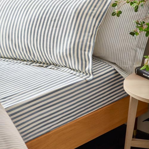 Furn. Yard Hebden 100% Cotton Striped Fitted Bed Sheet – Soft Textured Mélange Design (Navy – Double)