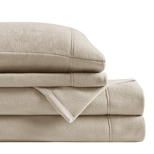 "SLEEP PHILOSOPHY True North Micro Fleece Bed Sheet Set, Warm, Sheets with 14"" Deep Pocket, for Cold Season Cozy Sheet-Set, Matching Pillow Case, King, Khaki, 4 Piece"