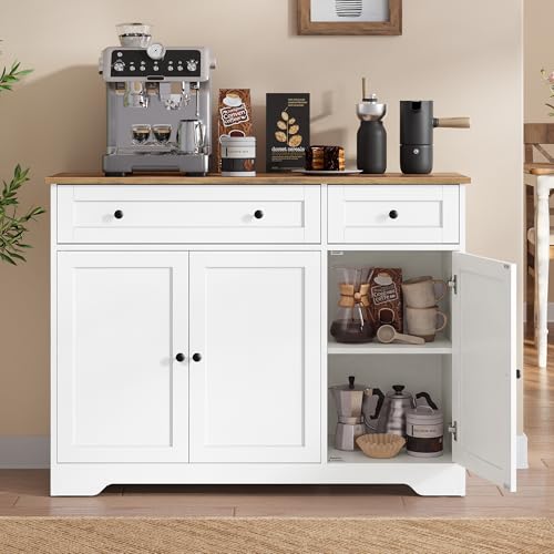 VASAGLE SIREN Collection - Storage Cabinet, Farmhouse Buffet Cabinet with 2 Drawers and Adjustable Shelves, 3 Doors, Sideboard, Coffee Bar, 40 x 107 x 80 cm, Cloud White LSC531WH01