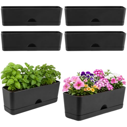 6 Pack Rectangle Planter 16x4.4 Inch Window Boxes Planters Rectangular Large Window Sill Planters Indoor Self Watering Plant Pots with Drainage Holes and Saucers Succulent Herb Flower Pots, Black