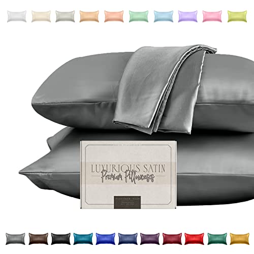 Elegant Comfort Silky and Luxurious 2-Piece Satin Pillowcase Set for Healthier Skin and Hair, Hidden Zipper Closure and Beautifully Packaged, Satin Pillowcase Set, King, Gray