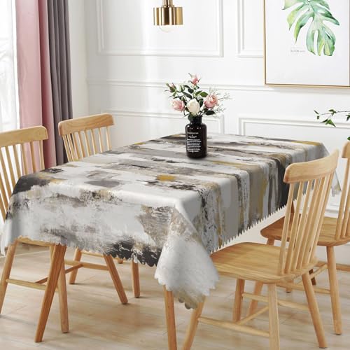TTQYFNM 70x140inches Grey White Abstract Art Tablecloth Grunge Style Oil Painting Modern Tablecloth Oil Proof Waterproof Fabric Table Cover for Kitchen Dining Room Living Room Patio Home Decorations
