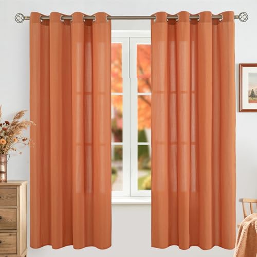 BGment Terracotta Sheer Curtains 72 Inches Long for Bedroom, Grommet Linen Look Semi Sheer Light Filtering Casual Textured Privacy Drapes for Living Room, 2 Panels (Each 52 x 72 Inch, Terracotta)