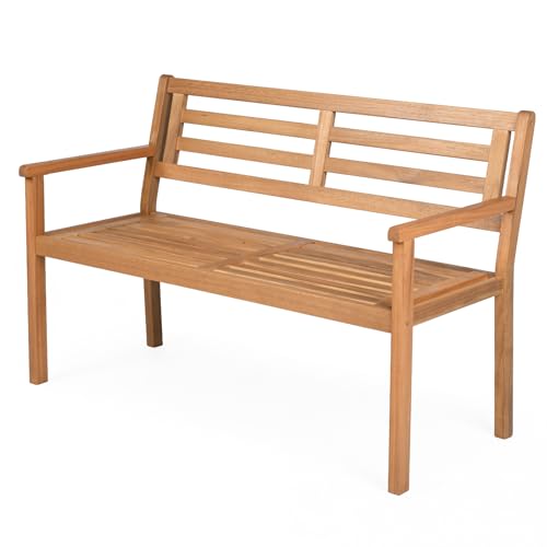 RELAX4LIFE Garden Bench, Patio Acacia Wood Park Chair Seat with Armrests & Backrest, 2-Person Slatted Leisure Loveseat for Yard Garden Porch (Natural, Slatted Backrest)