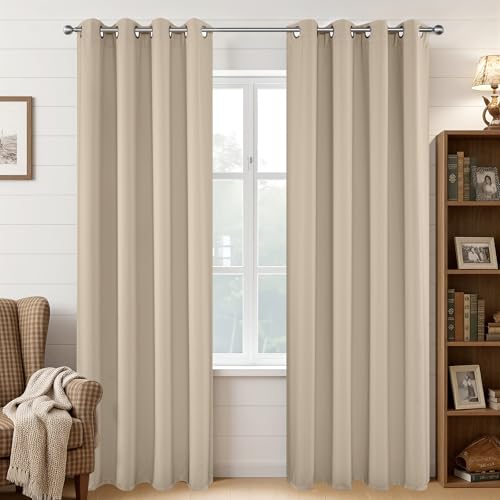 Joydeco Blackout Curtains 95 Inches Long 1 Panel, Thermal Insulated Long Curtains& Drapes 1 Piece, Room Darkening Grommet Curtains for Living Room Bedroom Window (W70 x L95 Inch, Light Beige)