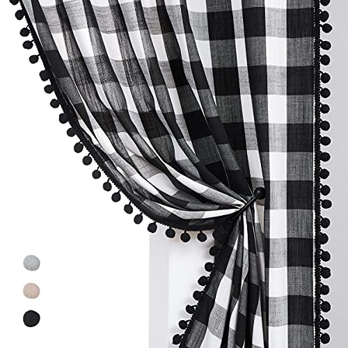 Treatmentex White Black Buffalo Check Curtains 45inch Pom Pom Farmhouse Semi Sheer Plaid Window Curtain Panels for Living Room Bedroom Rustic Country Curtain Rod Pocket 2pcs