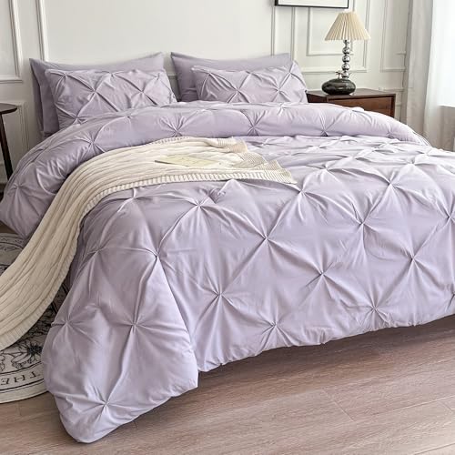 Maple&Stone Lavender Comforter Set Queen 7 Pieces Pintuck Bed in a Bag - Elegant Pinch Pleat Bedding, Soft All Season Complete 7 Piece Includes Comforter, Sheets, Pillowcases & Shams