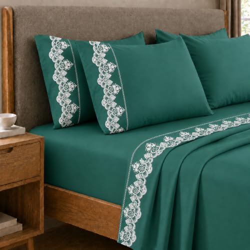 PETTI Artigiani Italiani - Double Bed Sheet Set Percale Cotton with Teal Rebrodè Lace, 4-Piece Bed Set, 100% Made in Italy