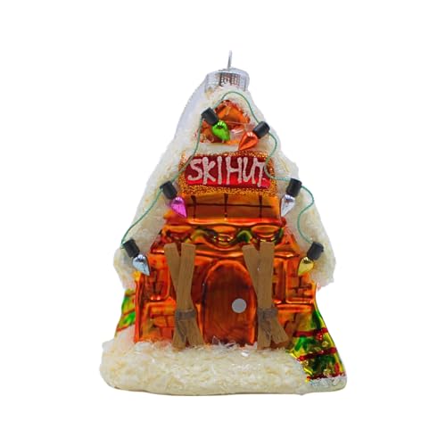 Dekohelden24 Lauscha Lauscha Christmas Tree Decoration Baubles Glass Ornament Ski Hut Glass Decoration Winter House in White with Colourful Details L x W x H 8 x 7 x 11 cm