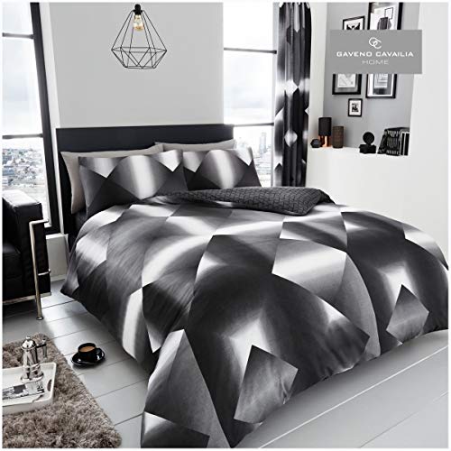 GC GAVENO CAVAILIA Gaveno Cavailia Modern Geometric Pattern Duvet Cover Quilt Set With Pillow Case, Reversible, Poly Cotton, 3D Triangle Black/Grey, Double Size Bedding, Polycotton