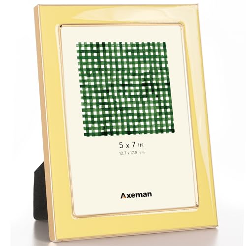 Axeman 5x7 Enamel Picture Frames with Tempered Glass-5 x 7 Modern Photo Frame with Gold Metal Edge Velvet Back for Tabletop and Wall Mount Display for Shelf, Desk & Countertop Decor, Yellow
