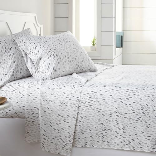 Southshore Fine Living, Inc. Botanical Leaves, 4-Piece, 15 Inch Deep Pocket California King Size Sheets Set, Botanical Bedding for Nature Lovers, Easy Care Microfiber, White Sheets, Grey Leaves