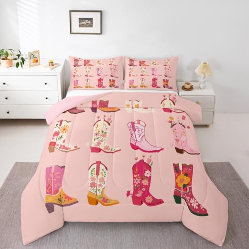 Erosebridal Pink Cowgirl Boots Full Comforter Set for Girls Kids,Cute Boho Floral Bedding Set,Bohemian Wildflower Duvet Insert,Western Cowgirl Country Bedroom Decor with 2 Pillowcases